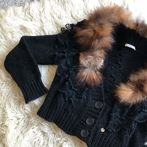 Real Fur Collar Cardigan Sweater Black Size S